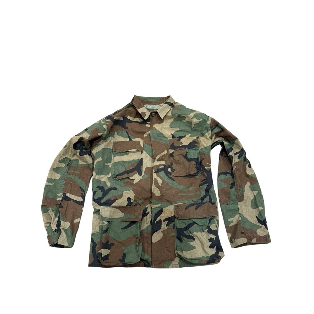 Military Issued Woodland Coat Mens Size Medium Camo Jacket Green Button Front